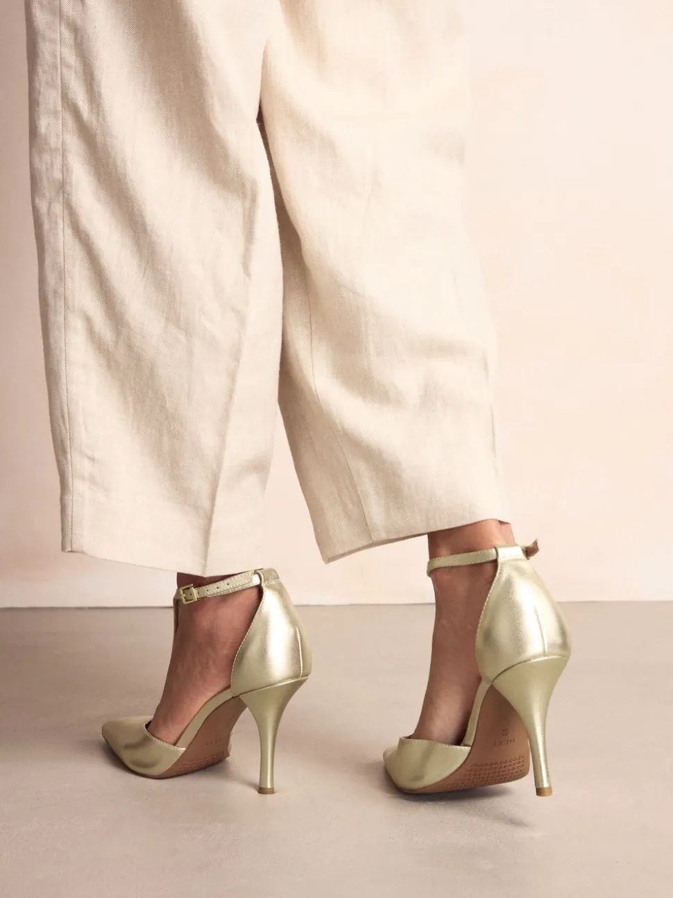 Gold Leather T-Bar Pointed Toe Heels