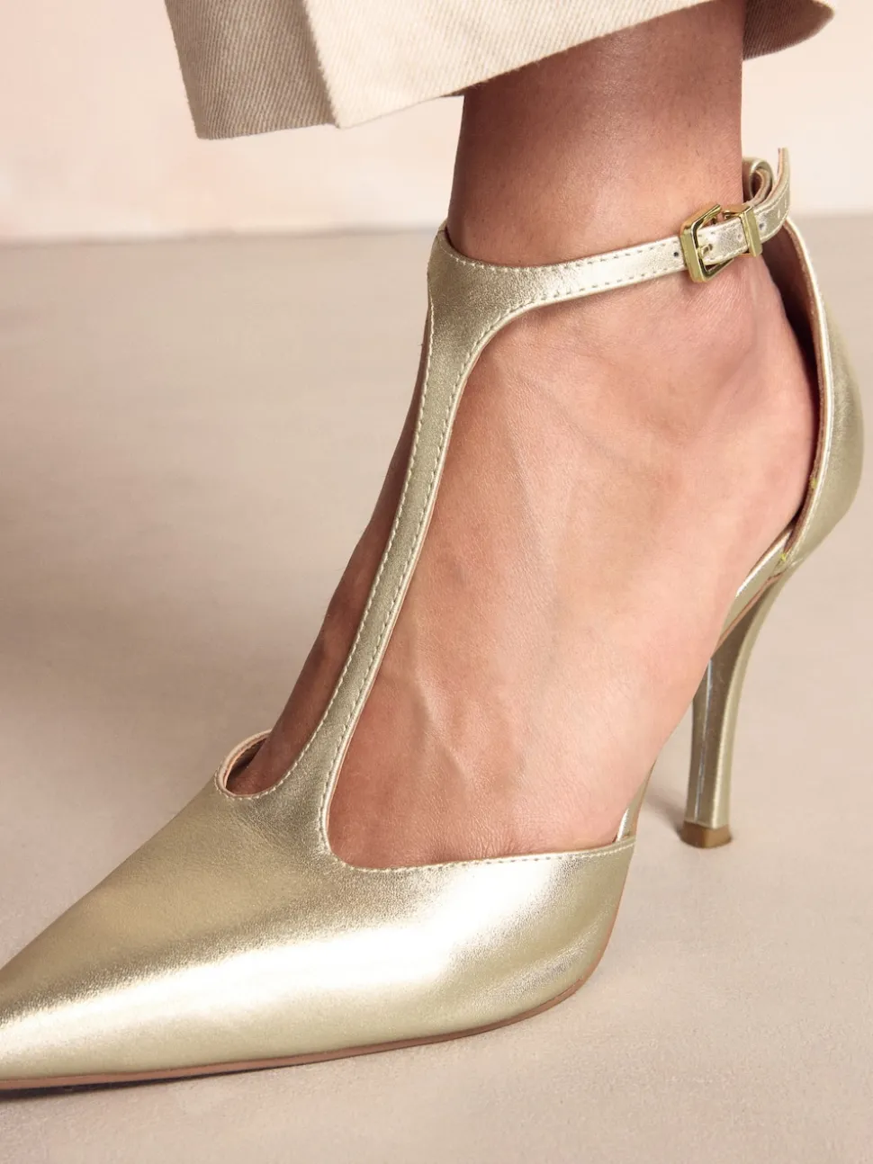 Gold Leather T-Bar Pointed Toe Heels