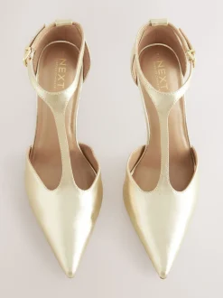 Gold Leather T-Bar Pointed Toe Heels