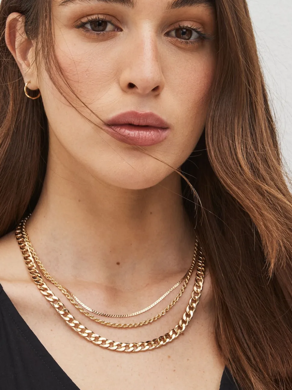 Gold Tone Three Layer Chain Necklace