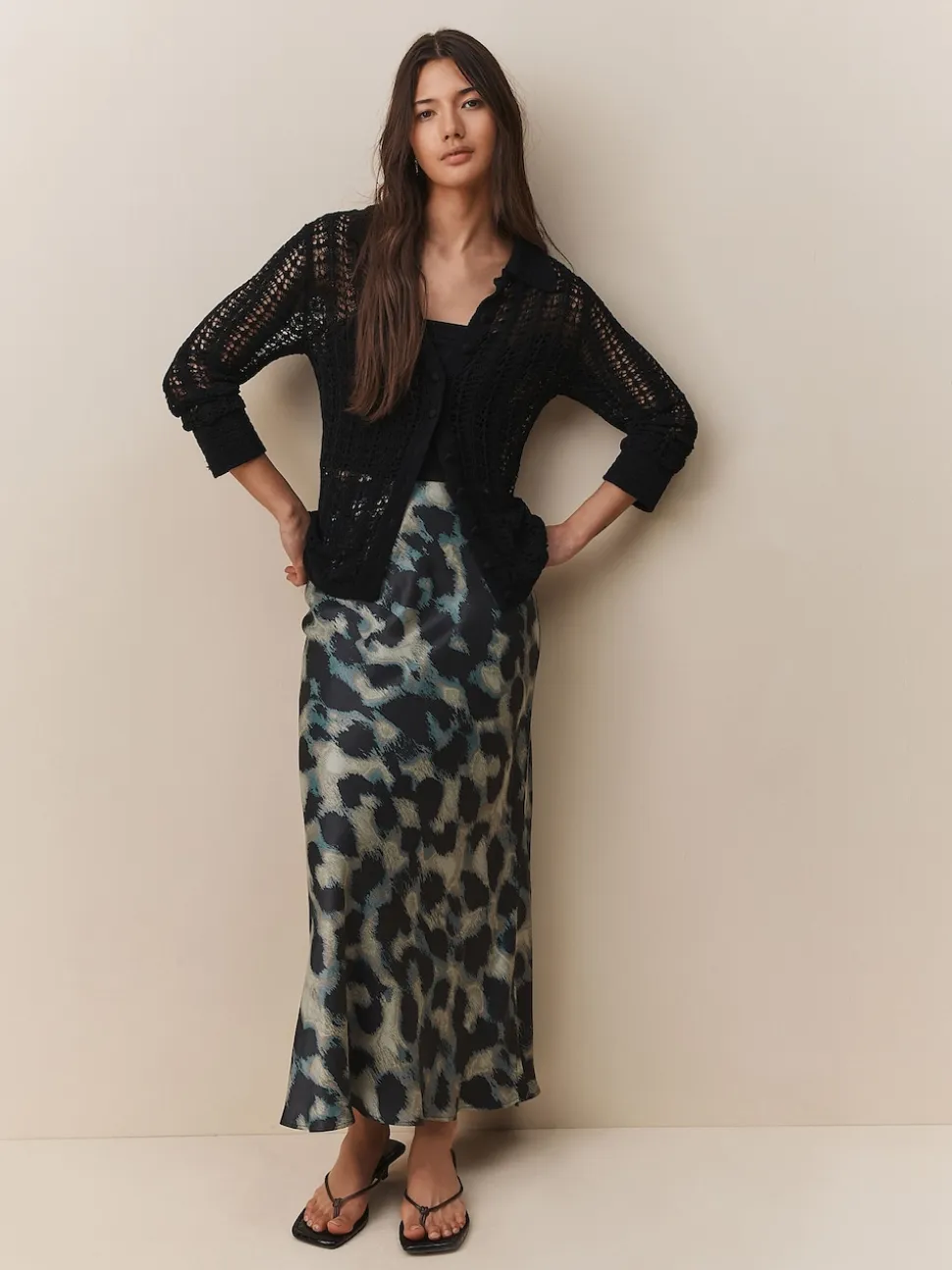 Green Animal Print Satin Midi Skirt