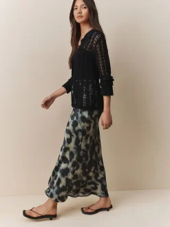 Green Animal Print Satin Midi Skirt