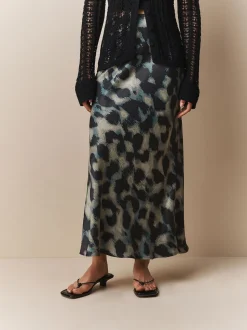 Green Animal Print Satin Midi Skirt