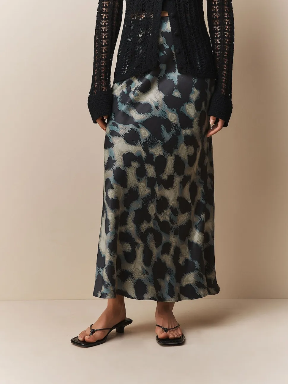 Green Animal Print Satin Midi Skirt