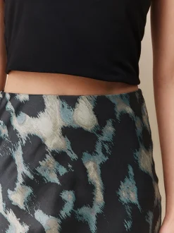 Green Animal Print Satin Midi Skirt