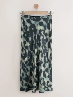 Green Animal Print Satin Midi Skirt