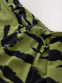 Green Animal Print Twist Neck Long Sleeve Blouse