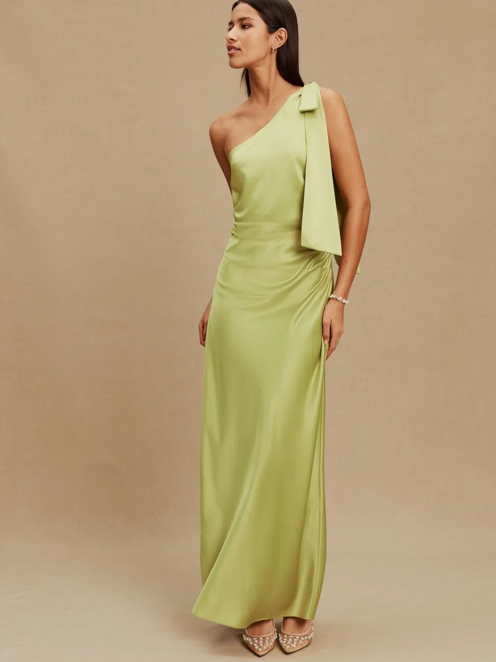 Green Bow One Shoulder Maxi Bridesmaid Dress