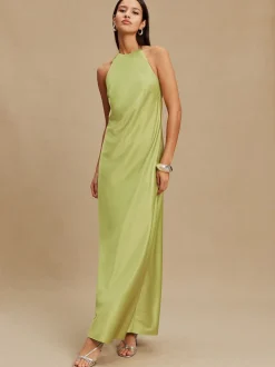 Green Bridesmaids Satin Halterneck Maxi Dress