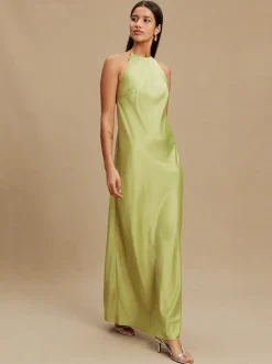 Green Bridesmaids Satin Halterneck Maxi Dress