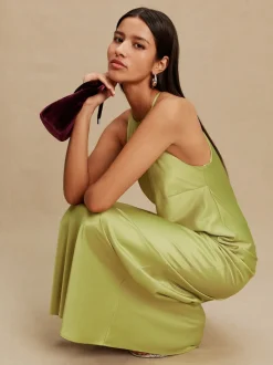 Green Bridesmaids Satin Halterneck Maxi Dress