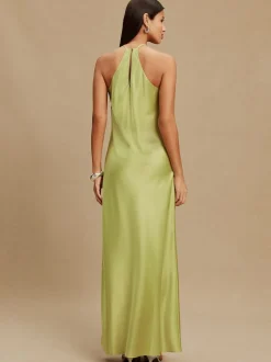 Green Bridesmaids Satin Halterneck Maxi Dress