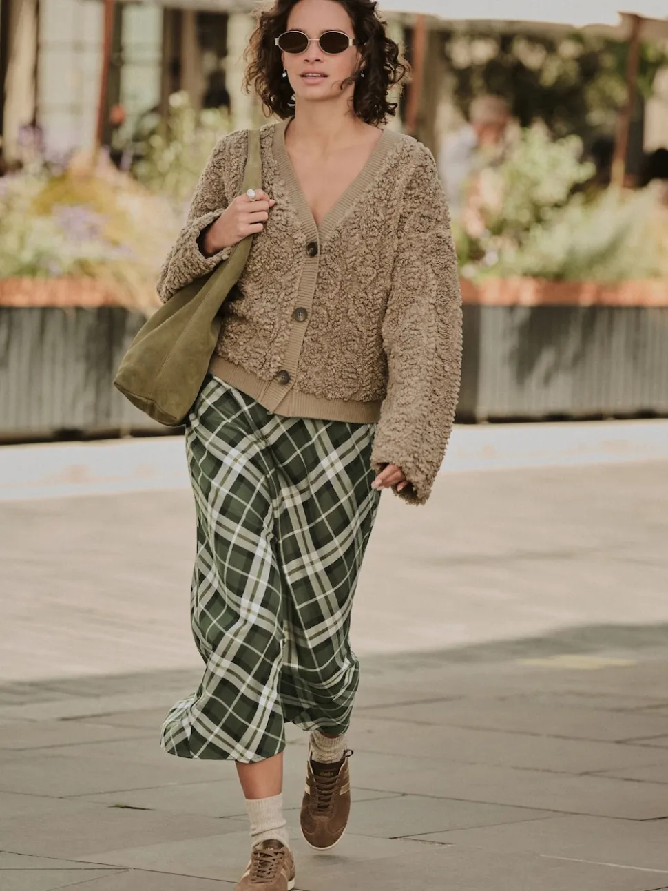 Green Check Midi Slip Skirt