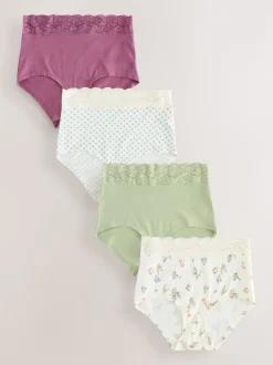 Green Ditsy Floral Full Brief Cotton Lace Knickers 4 Pack