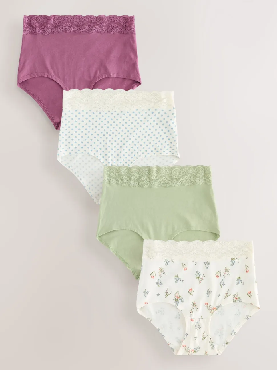 Green Ditsy Floral Full Brief Cotton Lace Knickers 4 Pack