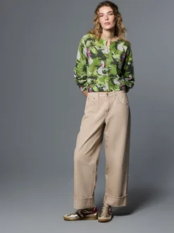 Green Duck Print Crew Neck Knitted Cardigan With Wool