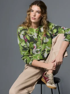 Green Duck Print Crew Neck Knitted Cardigan With Wool