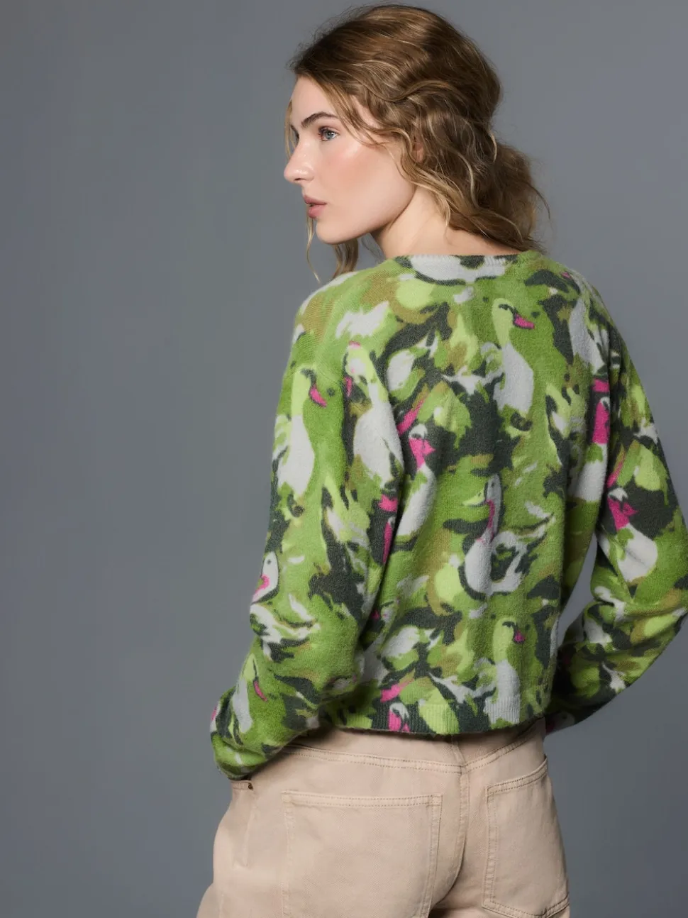 Green Duck Print Crew Neck Knitted Cardigan With Wool