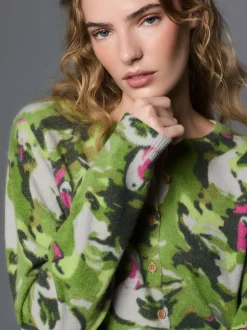 Green Duck Print Crew Neck Knitted Cardigan With Wool