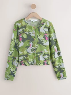 Green Duck Print Crew Neck Knitted Cardigan With Wool