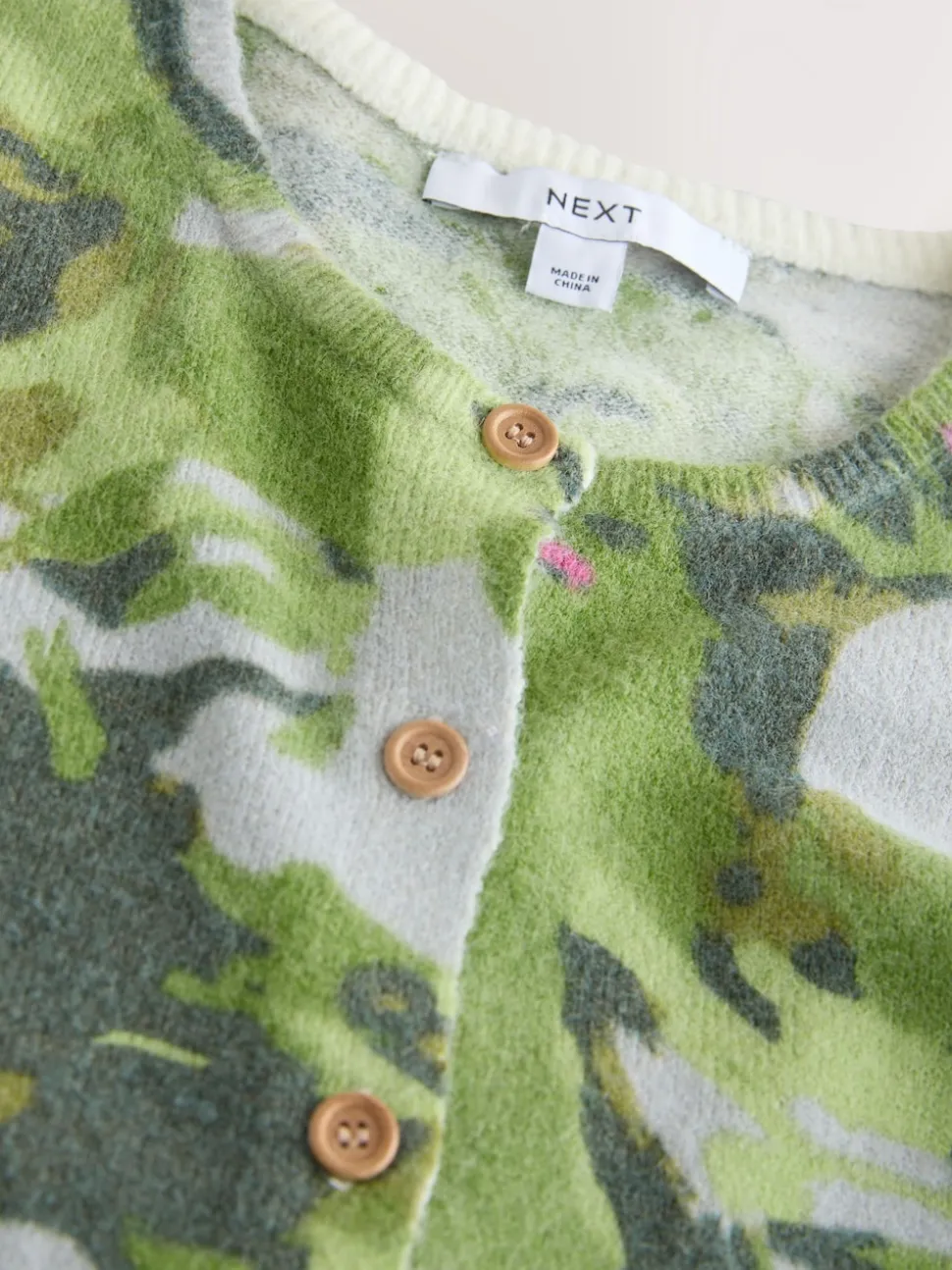 Green Duck Print Crew Neck Knitted Cardigan With Wool