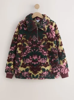Green Floral Jacquard Teddy Borg Quarter Zip Fleece Sweatshirt