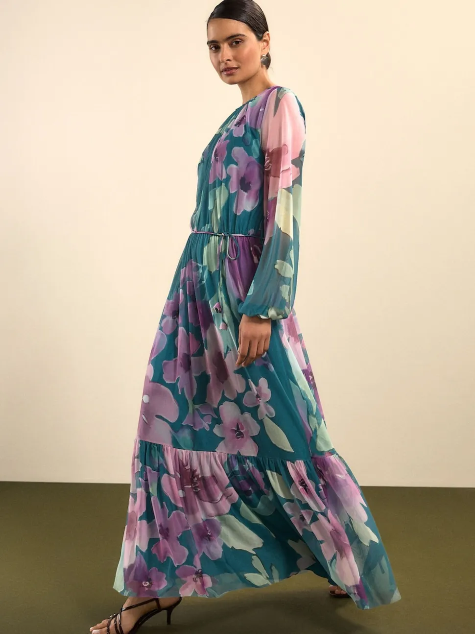 Green Floral Long Sleeve Mesh Maxi Dress