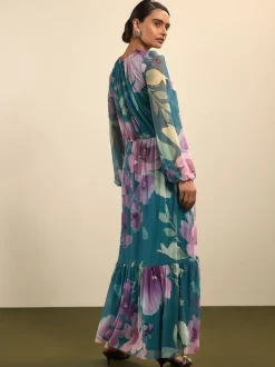 Green Floral Long Sleeve Mesh Maxi Dress