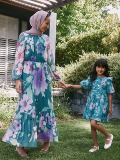 Green Floral Long Sleeve Mesh Maxi Dress