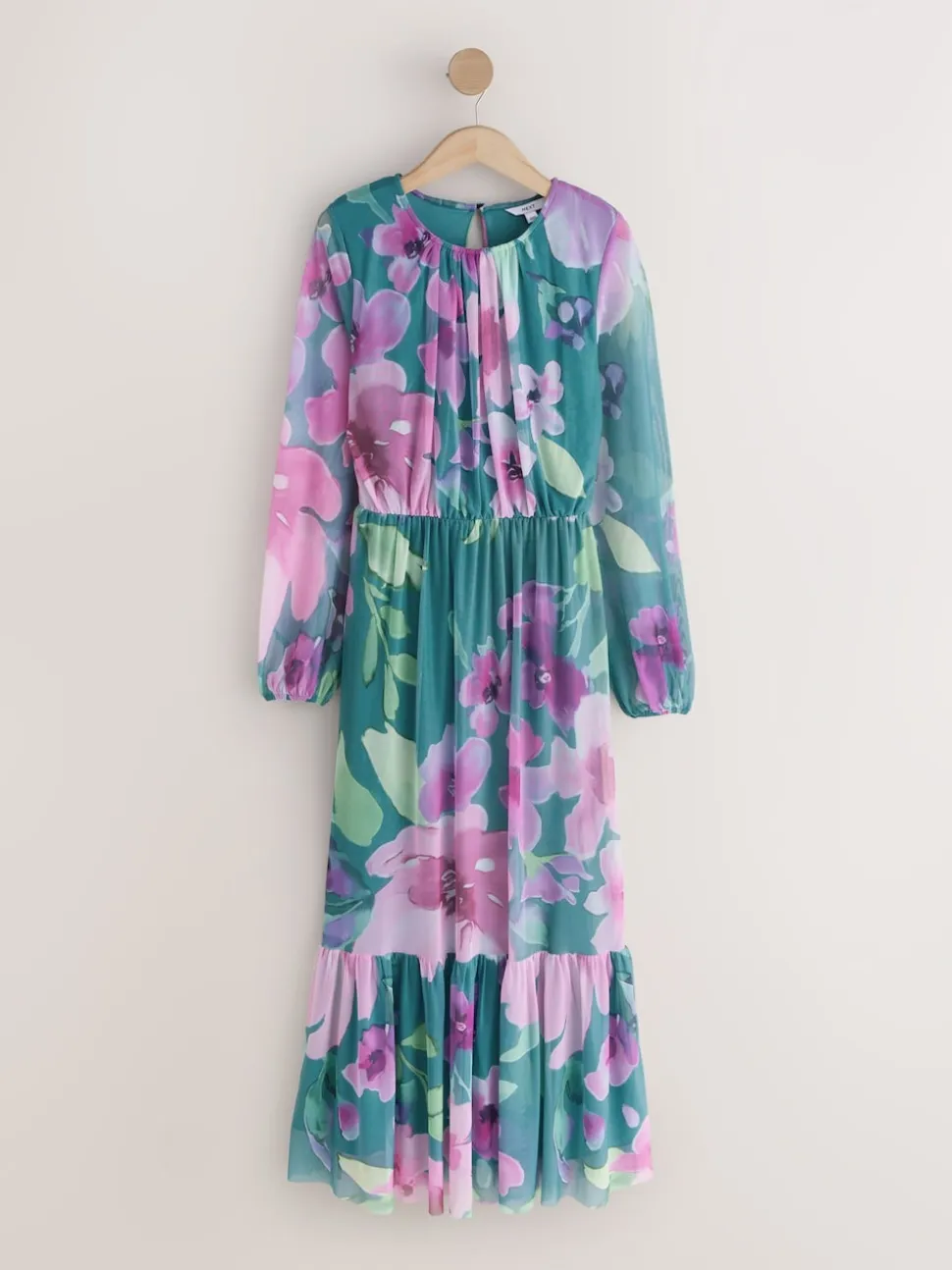 Green Floral Long Sleeve Mesh Maxi Dress