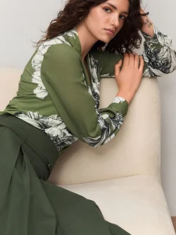 Green Floral Long Sleeve V-Neck Blouse