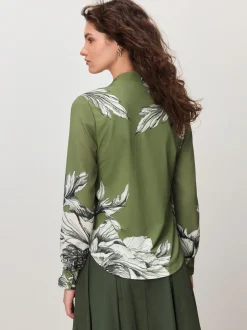 Green Floral Long Sleeve V-Neck Blouse