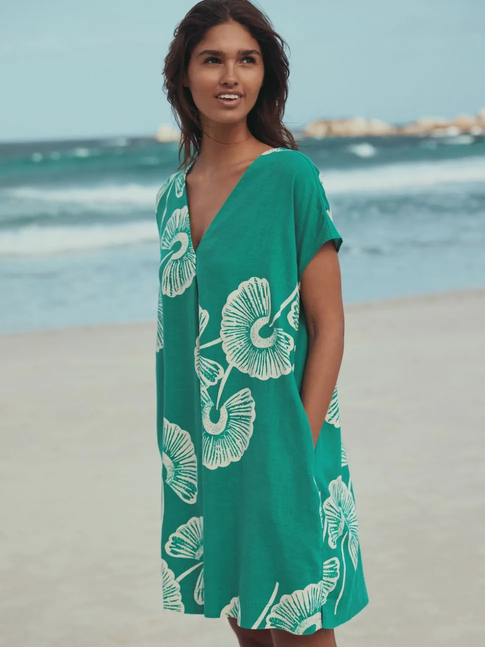 Green Floral Mini Short Sleeve V-Neck Kaftan Dress with Linen