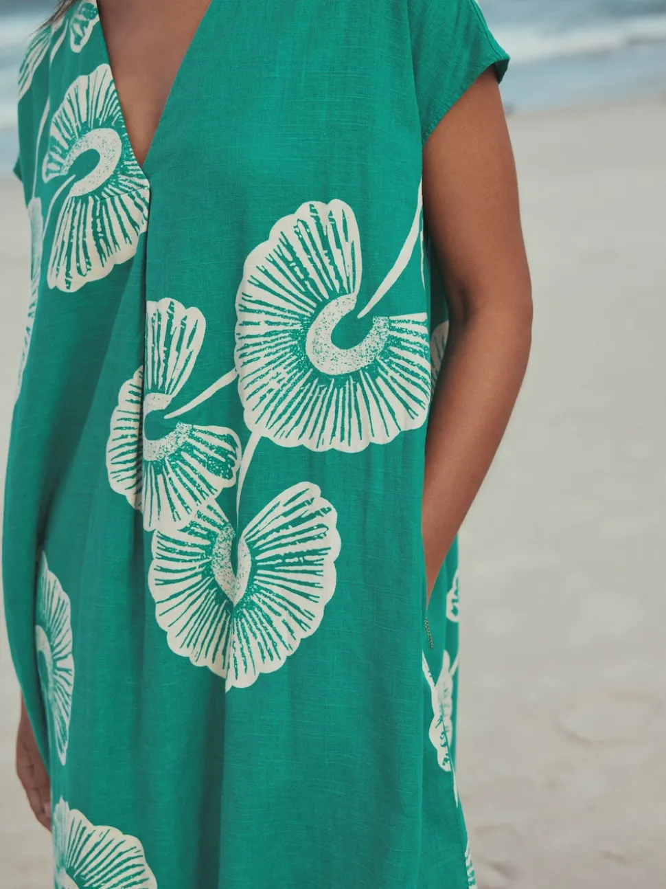 Green Floral Mini Short Sleeve V-Neck Kaftan Dress with Linen