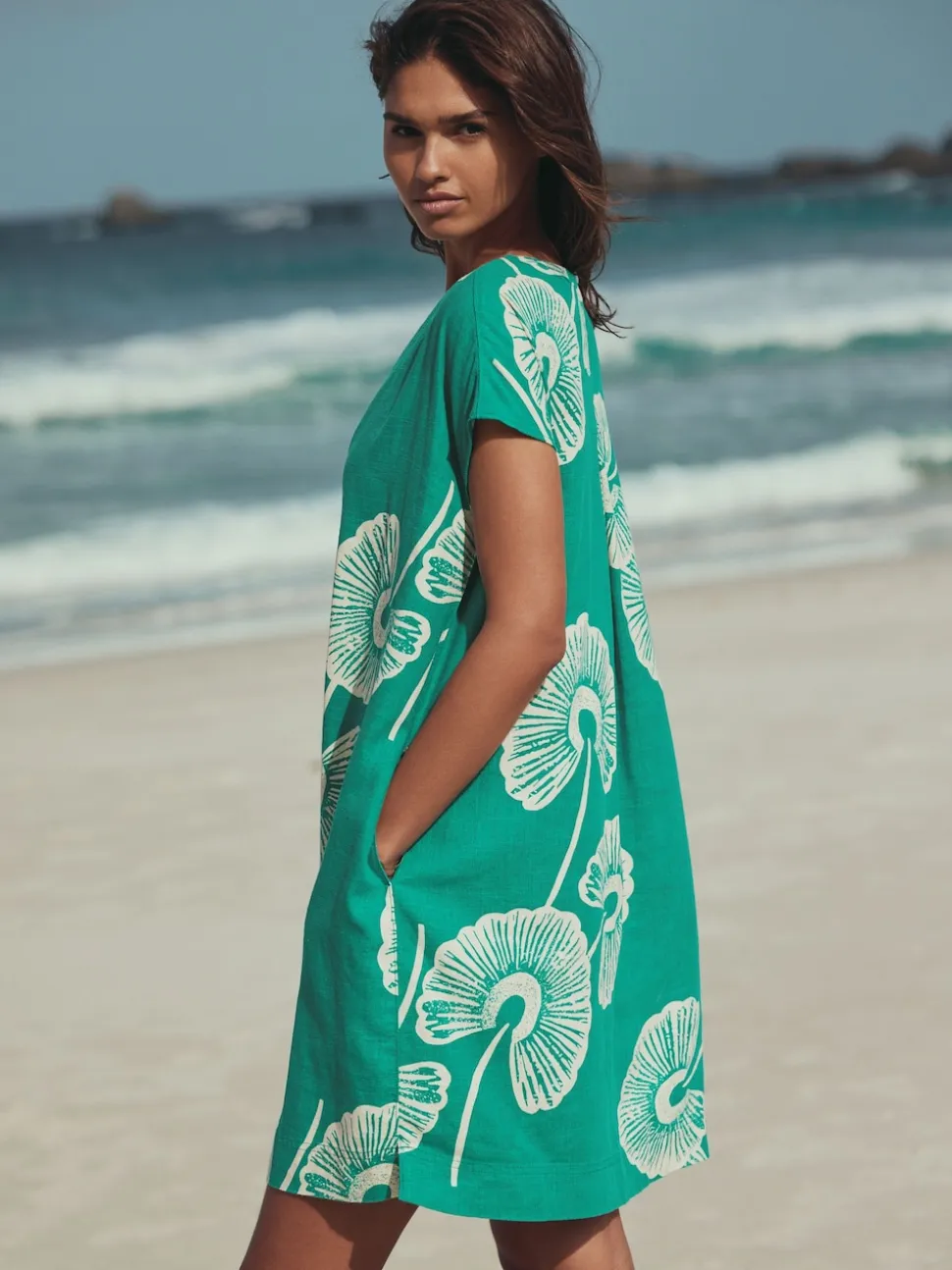 Green Floral Mini Short Sleeve V-Neck Kaftan Dress with Linen