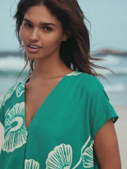 Green Floral Mini Short Sleeve V-Neck Kaftan Dress with Linen