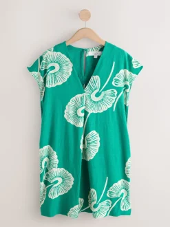 Green Floral Mini Short Sleeve V-Neck Kaftan Dress with Linen
