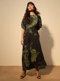 Green Floral Print Puff Sleeve Midi Dress