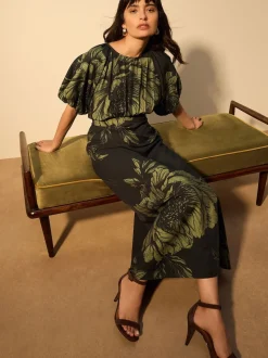 Green Floral Print Puff Sleeve Midi Dress