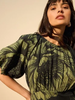 Green Floral Print Puff Sleeve Midi Dress