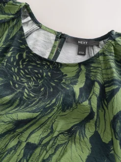 Green Floral Print Puff Sleeve Midi Dress