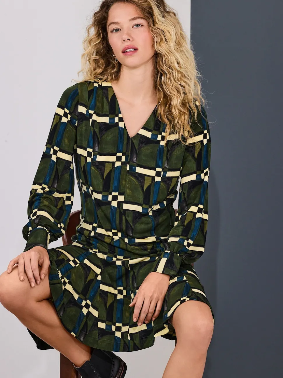 Green Geo Print Long Sleeve A-Line Mini Dress