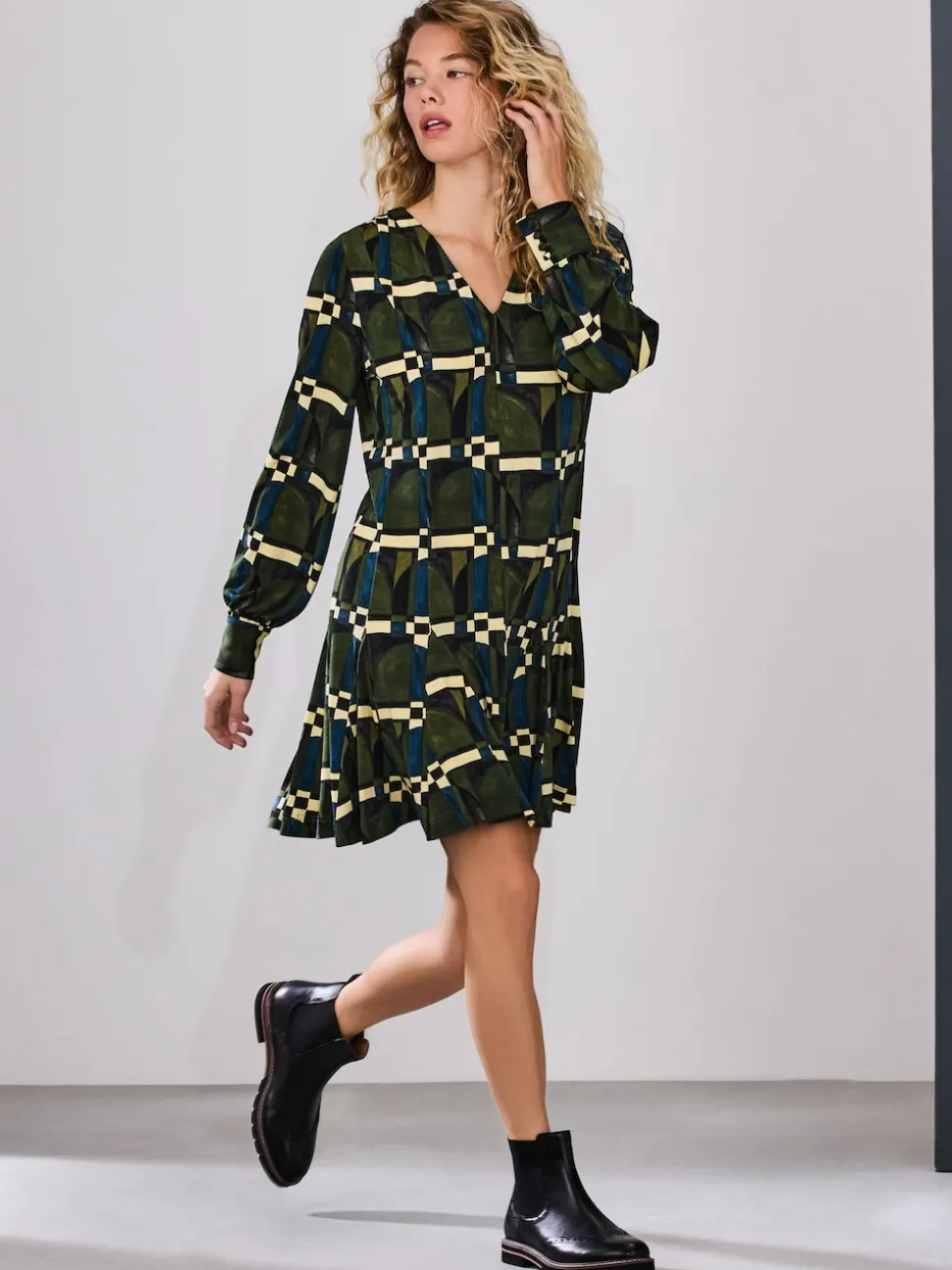 Green Geo Print Long Sleeve A-Line Mini Dress