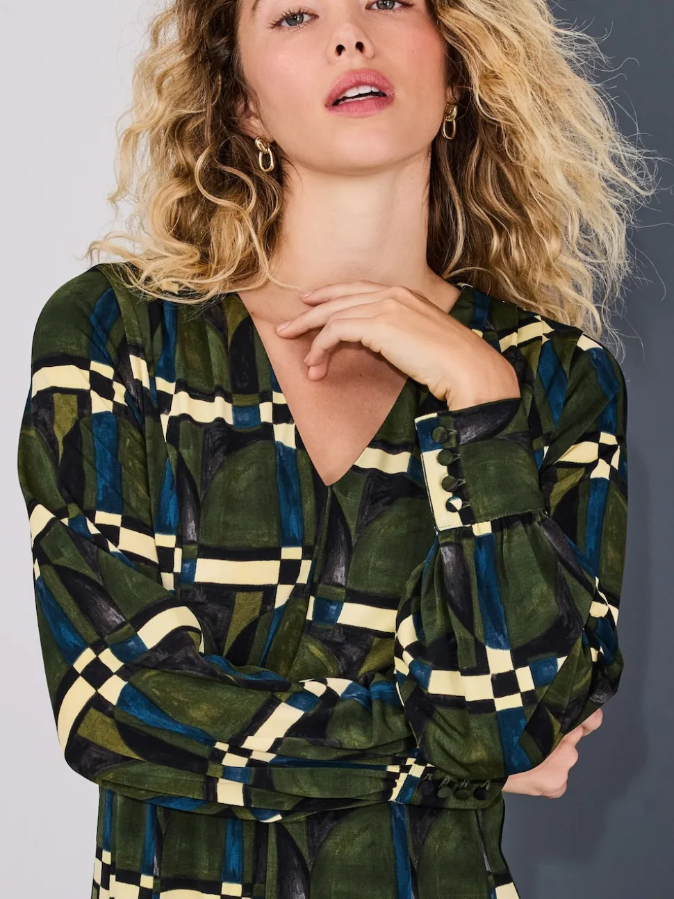 Green Geo Print Long Sleeve A-Line Mini Dress