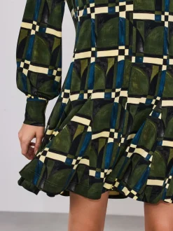 Green Geo Print Long Sleeve A-Line Mini Dress