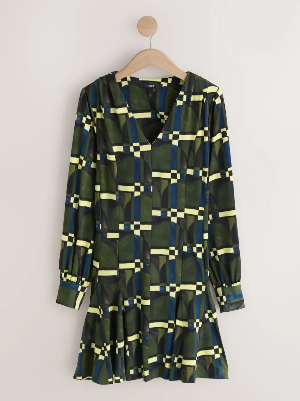 Green Geo Print Long Sleeve A-Line Mini Dress