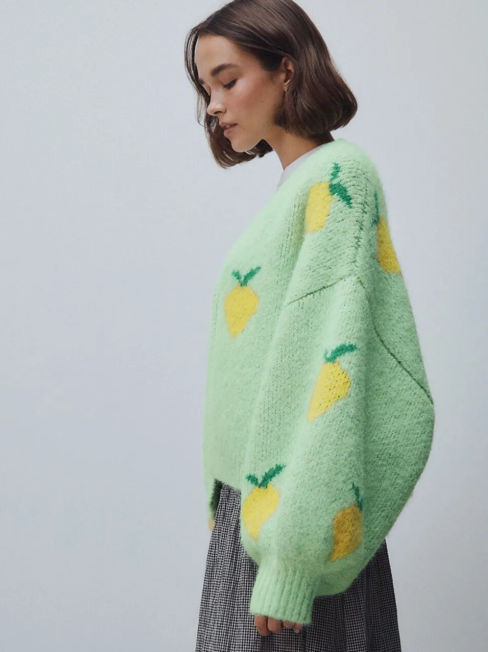 Green Lemon Pattern Knitted Cardigan