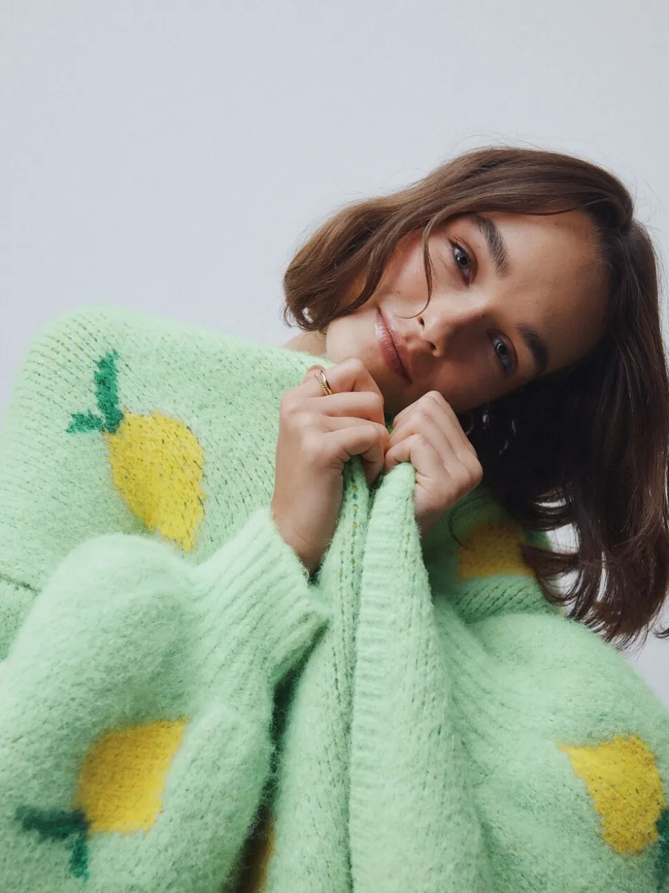 Green Lemon Pattern Knitted Cardigan