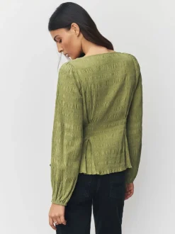Green Long Sleeve Boatneck Textured Button-Front Blouse