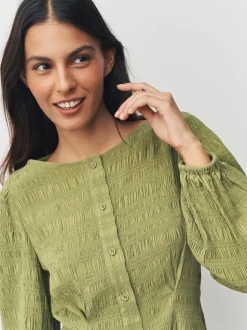 Green Long Sleeve Boatneck Textured Button-Front Blouse